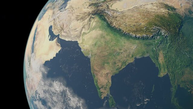India map, zooming in from the space through a 4K photo real animated globe, with a panoramic view consisting of Asia, Africa and Eurasia. Epic spinning world animation, Realistic planet earth, highli