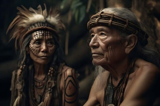 Generative AI illustration of aged American Indian couple with gray hair and traditional headwear with feathers looking away against blurred background