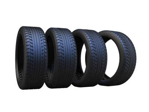 3D rendering of group of tires for car on white background no shadow
