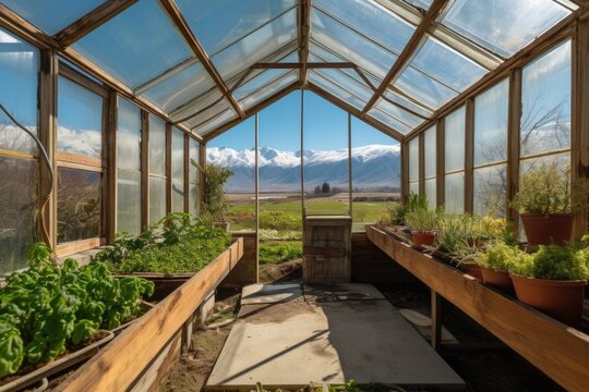 greenhouse with view of mountains and clear blue skies, created with generative ai