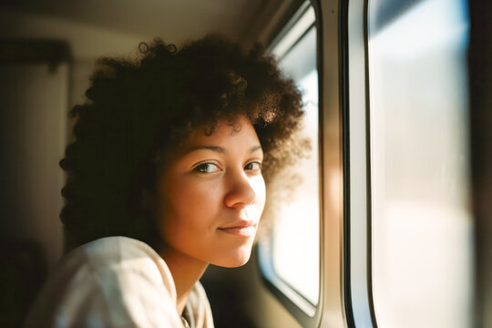 Generative AI illustration of calm young African American woman with Afro hairstyle looking at camera while sitting near window in van