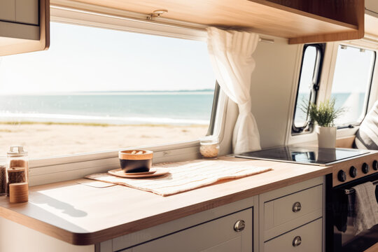 Generative AI illustration of contemporary camper van interior with cabinets and stove placed near window during road trip through nature