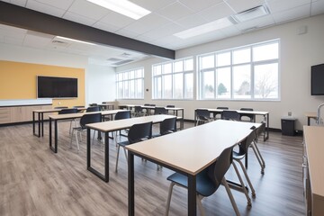 modern classroom with sleek furniture and interactive whiteboard for modern learning experience, created with generative ai