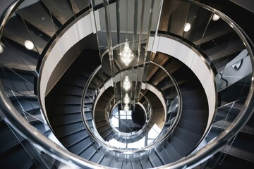a spiral staircase with a mirrored railing, leading to the next level, created with generative ai