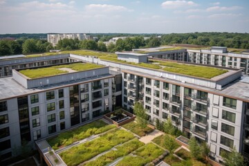 green rooftops with solar panels, providing clean energy for the building, created with generative ai