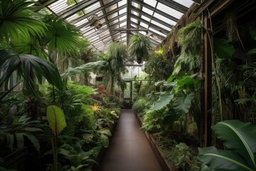Fototapeta na wymiar tropical greenhouse, with lush plants and vines, created with generative ai