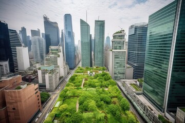 green rooftops surrounded by towering skyscrapers and bustling city streets, created with generative ai