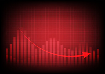 Red arrow graph drop arrow down with  on red background. Money losing. Stock crisis and finance concept.