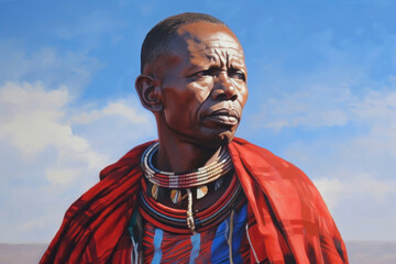 Naklejka premium Maasai Warrior: A Head Portrait with Red Cape & Traditional Paintings. Generative AI.