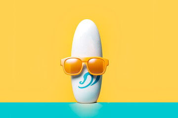 Generative AI illustration of white surfboard with sunglasses placed on blue and yellow background representing summer concept