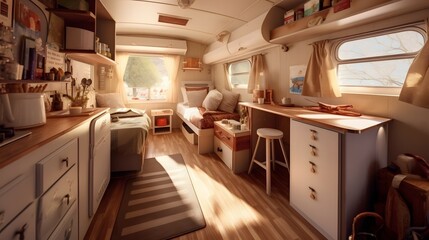 Camping trailer car interior concept. Generative AI
