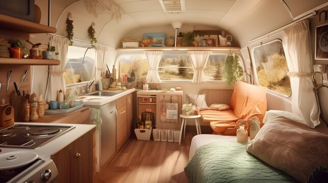 Camping trailer car interior concept. Generative AI
