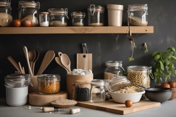 Fototapeta na wymiar zero-waste kitchen with ingredients, tools, and cookware for healthy cooking and dining, created with generative ai