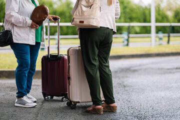 Unrecognizable women with suitcases on street