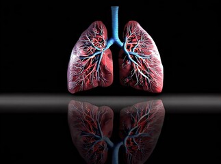 Human Lungs on Black Background with reflection on on floor , healthy lungs , No smoking , Generative Ai 