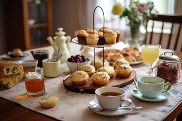 tea-time spread, with scones, muffins and tea cups on the table, created with generative ai
