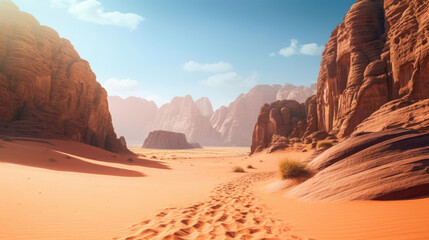Wadi Rum Reserve Jordan on a sunny day. Generative AI