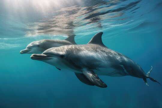 mother dolphin and her calf swimming in the warm waters of their home, created with generative ai