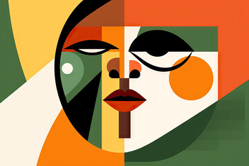 Generative AI illustration of abstract portrait of female face design and artwork with contrasting eyes geometrical shapes while painted in poster