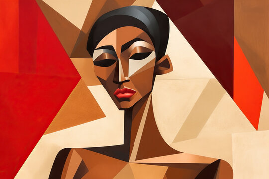 Generative AI illustration of abstract portrait of young African American female with painted face looking at camera with dark cloth covering hair