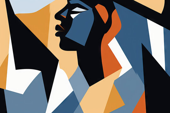 Generative AI illustration of abstract portrait of side view of female face painted in black blue and red color in creative and imaginative artwork