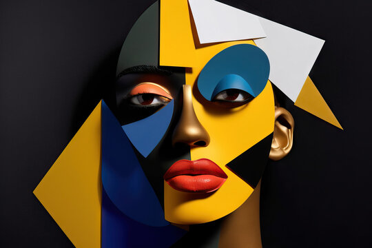 Generative AI illustration of abstract portrait of young African American female with multicolor design mask and with red lips looking at camera
