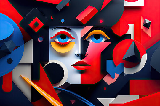 Generative AI illustration of abstract portrait of female face design with contrasting eye brows lids against different geometrical shapes