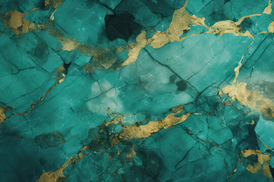 Generative AI illustration of turquoise marble texture background with cracked gold details