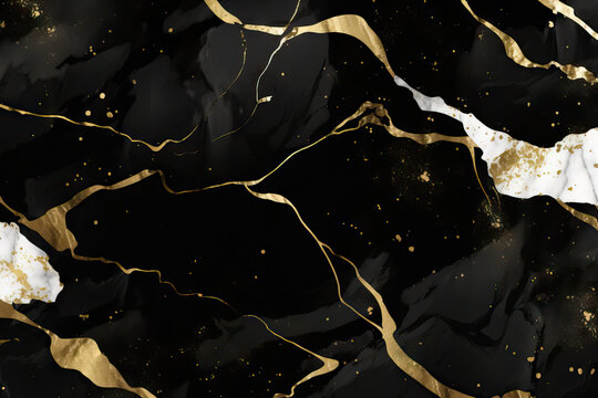 Generative AI illustration of black marble texture background with cracked gold details