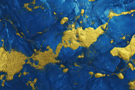 Generative AI illustration of intense blue marble texture background with cracked gold details