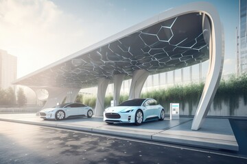 a futuristic charging station with state-of-the-art technology, featuring automated payment and self-driving vehicles, created with generative ai