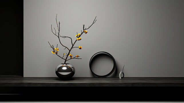 ikebana com cor de fundo minima. composi&ccedil;&atilde;o detalhada e hiper-realista. Minimalismo. gerado IA 