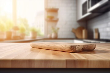 Fototapeta na wymiar Wooden empty kitchen counter top. Blur n background. Montage for produck mockup. Generative AI