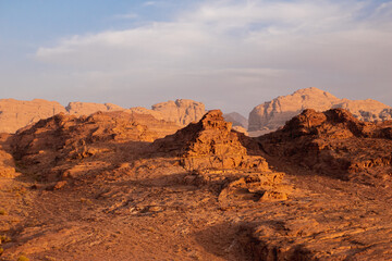 Fototapeta na wymiar Wadi Rum desert limestone rock formations. 