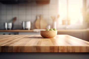 Wooden empty kitchen counter top. Blur n background. Montage for produck mockup. Generative AI