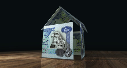 Emiratesian Dirham Dubai AED money banknotes paper house on the table 3d illustration