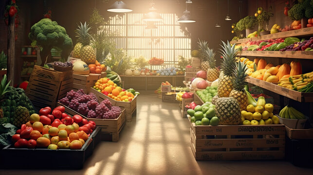 big choice of fresh fruits and vegetables on market counter Generative AI