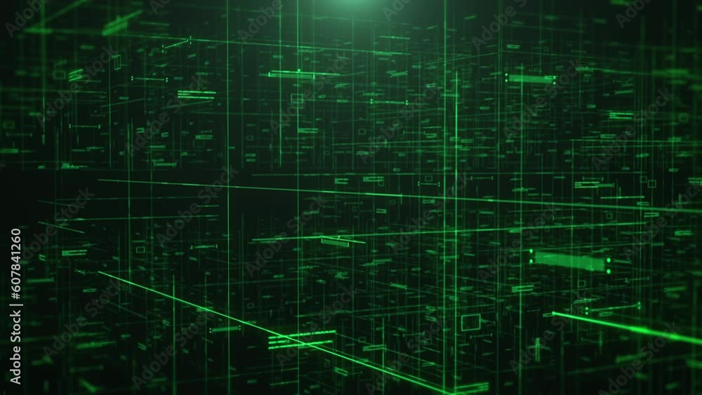 Poster Technology digital futuristic cyberspace data network structure concept background. Green future scifi transmission line vertical moving from bottom to top 4k motion background.