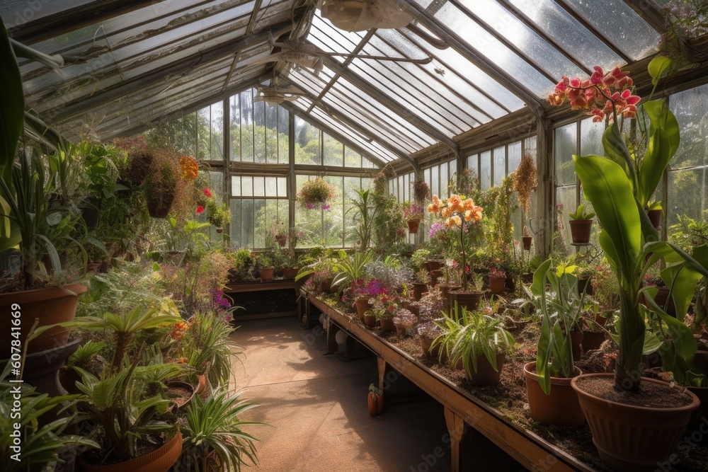 Wall mural greenhouse, with view of blooming orchids and bromeliads, created with generative ai