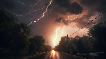 Night. Thunderstorm, flash of lightning above the city. Lightning in the sky. Thunderstorm over the city..