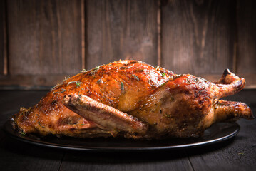 Roasted duck in mustard-honey sauce on a dark wooden table.