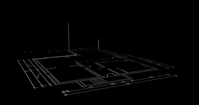 haus cad grundriss, 3d animierter aufbau, 360 grad turntable, konturen und outlines, architektur bauwerk