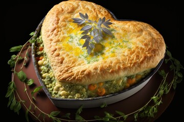 Fototapeta na wymiar heart-shaped chicken pot pie topped with a flaky golden crust and garnished with fresh herbs, created with generative ai