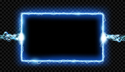 Frame with electric discharges and lightning. Banner template isolated on transparent background. Vector mockup
