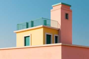 Fototapeta na wymiar Colorful vivid house exterior on sunny day. Summer minimalist architecture background. Created with generative Ai