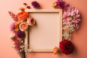 Generative AI image of fresh blooming flowers of various colors placed around empty wooden photo frame against orange background