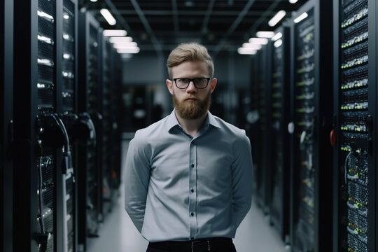 Generative AI illustration of serious bearded male engineer with eyeglasses looking at camera while standing among server shelves with wires
