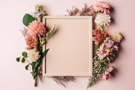 Generative AI image of fresh blooming flowers of various colors and green leaves placed around empty pink photo frame against pink background