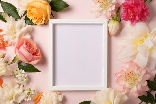 Generative AI image of fresh flowers of various colors and green leaves placed around empty white photo frame against pink background