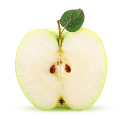 Green apple one cut in half with green leaf